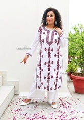 Malvika Cotton White Chikankari Kurti - Maroon